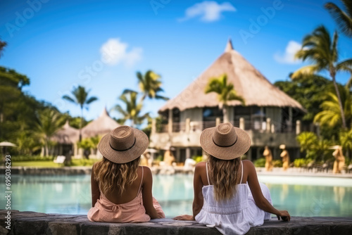 Two women relaxing in the pool. Tropical resort and vacation  © KirKam