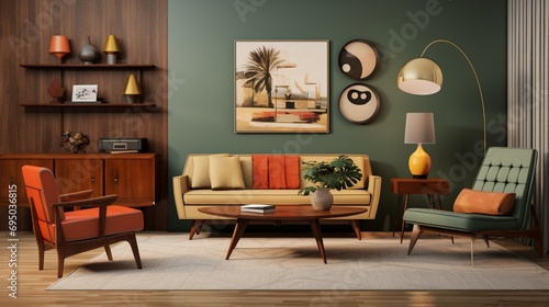 The mid-century color palette of the resting niche  featuring warm wood tones  muted earthy colors  and pops of vibrant hues  creating a harmonious and visually appealing environment.