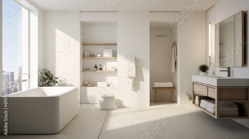 The minimalist-inspired bathroom in Minimalist Oasis Chambers, featuring clean lines, neutral colors, and simple yet elegant fixtures, providing a serene and uncluttered space.