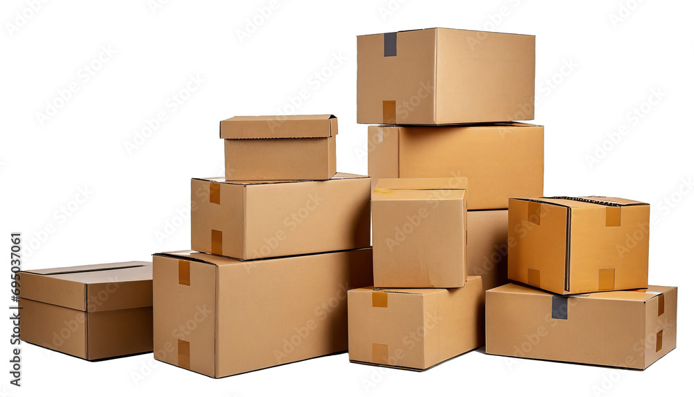 stacked cardboard boxes of various sizes - isolated on transparent background stacked cardboard boxes of various sizes - isolated on transparent background