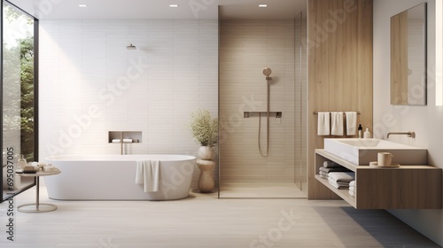 The minimalist-inspired bathroom in Minimalist Oasis Chambers, featuring clean lines, neutral colors, and simple yet elegant fixtures, providing a serene and uncluttered space.