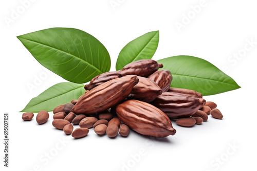 cocoa beans broken and whole with grains seeds inside close-up with green leaves isolated on a white background