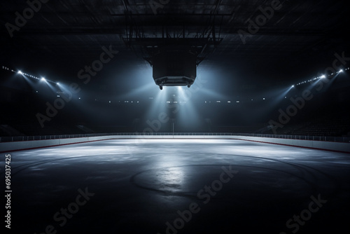ice arena or an indoor hockey indoor, empty, dark rink with floodlights photo