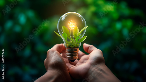 Hand holding light bulb with green leaves. Sustainable development and responsible environment