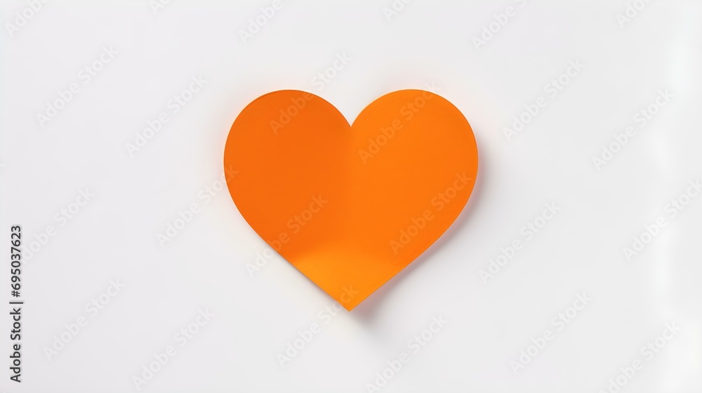 Orange Paper Heart on a white Background. Romantic Template with Copy Space