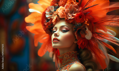 Ethereal woman with artistic makeup and vibrant floral headpiece against a swirling abstract orange backdrop © Bartek
