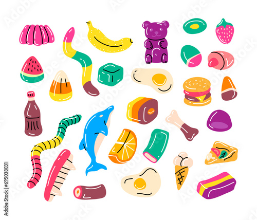 Cartoon Color Gummy Candies, Jelly Sweets Set Concept Flat Design Style. Vector illustration of Candy for Kids