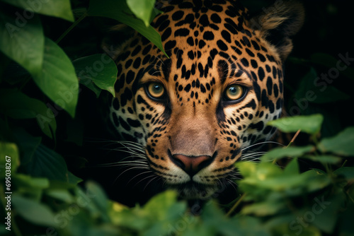 male jaguar lurking in forest among green leaves  close-up  camouflage  spotted