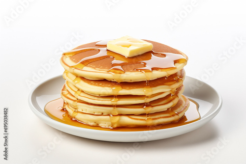 pancakes in stack on plate, honey, butter, isolated on white background