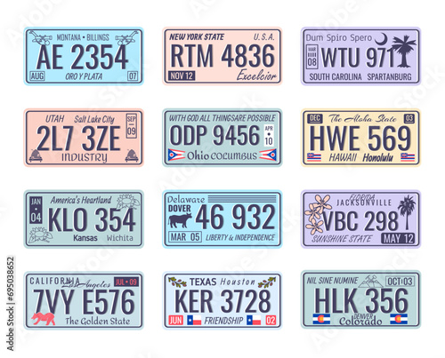 Cartoon Color Car Numbers of Vehicle Registration Icon Set Concept Flat Design Style. Vector illustration of Number Plates