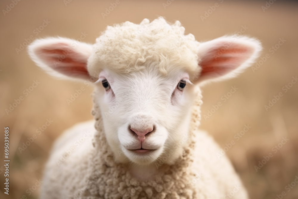head of white sheep close-up, curly-haired, looks at camera, selective focus