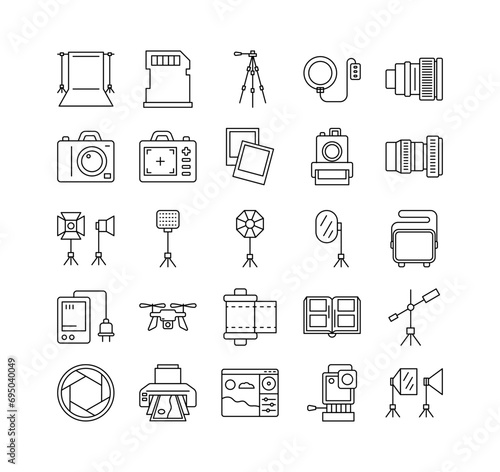 Photo and Photography Studio Sign Black Thin Line Icon Set Include of Tripod and Camera. Vector illustration of Icons