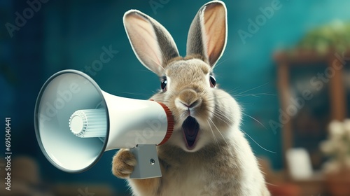 Rabbit announcing using hand speaker. Notifying, warning, announcement photo