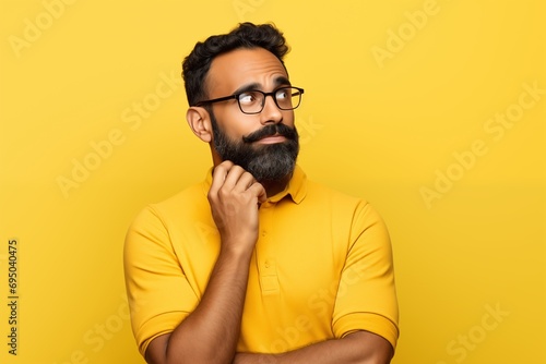 Thoughtful bearded Indian man holding hand on chin looking interested aside at copy space isolated on yellow background thinking of new job opportunities, having doubt question or deciding concept. photo