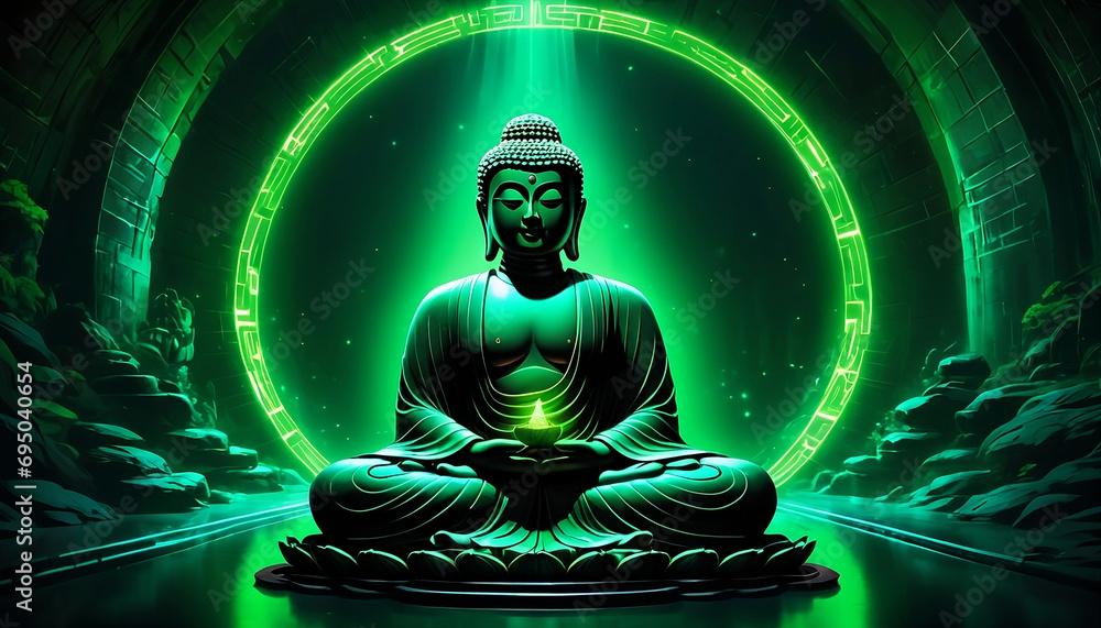 Image of meditating Buddha statue with green neon lights. Generative AI Image of meditating Buddha statue with green neon lights. Generative AI