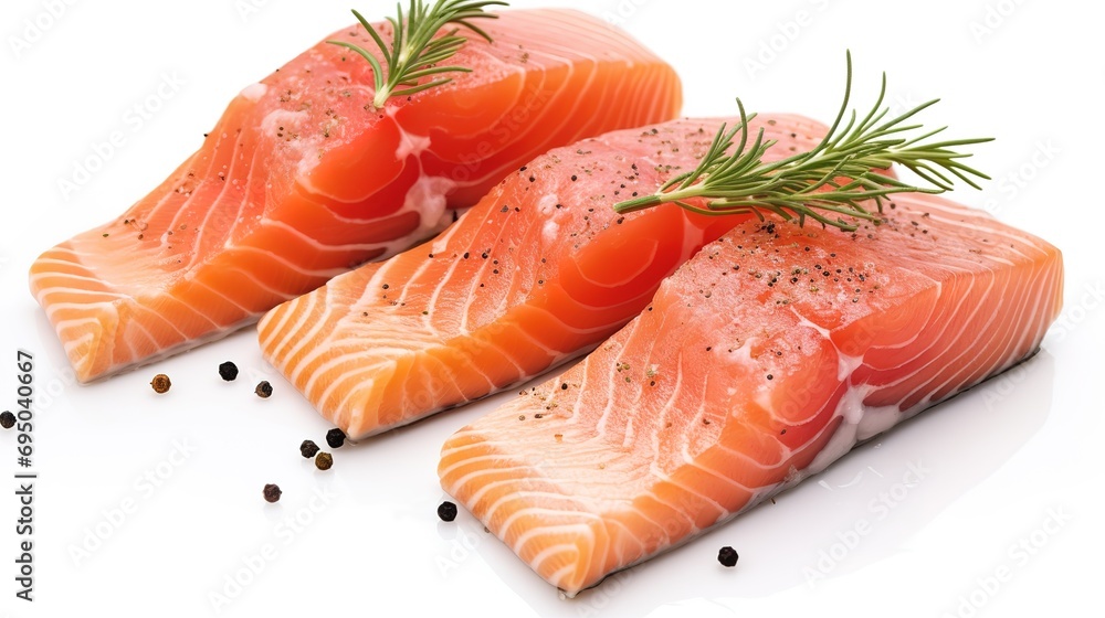 Raw, fresh Pacific salmon fillets garnished with rosemary, peppercorns, and lemon, showcasing a delicious and healthy seafood meal, isolated on a white background Raw, fresh Pacific salmon fillets garnished with rosemary, peppercorns, and lemon, showcasing a delicious and healthy seafood meal, isolated on a white background