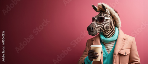 Funny zebra with coffee cup on pink background, panorama photo