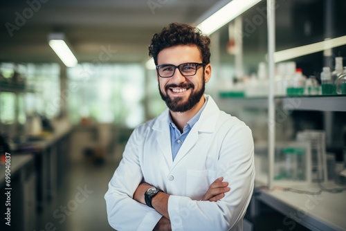 Young man with beard wearing white lab coat and glasses working at scientist laboratory happy face smiling confident with crossed arms looking at the camera. photo