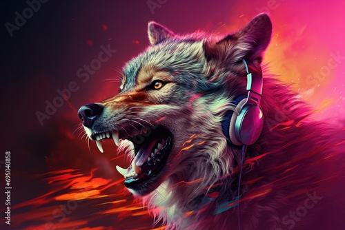 Portrait of a wolf listening to music with headphones on a red background.