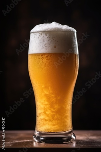 Glass of beer with foam on a dark background. Selective focus.