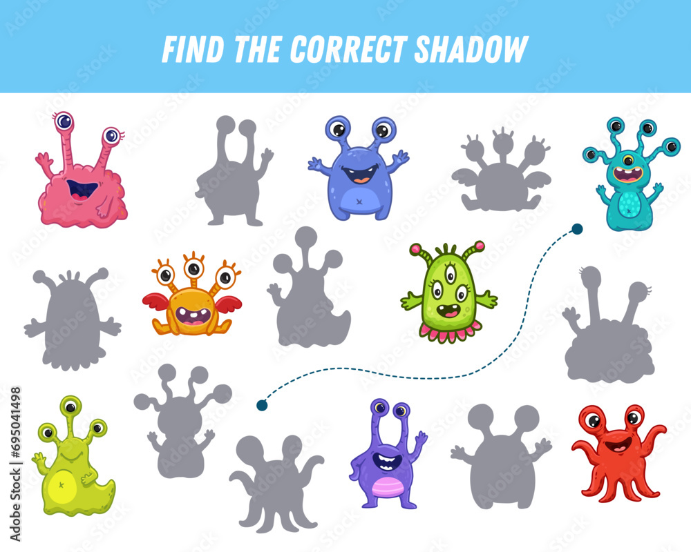 Find correct shadow of monsters. Educational logical game for kids. Cartoon monster. Vector illustration