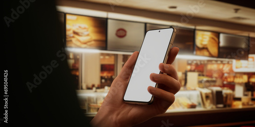 CU Photo of a person using his phone inside a fast-food restaurant, blank screen