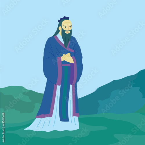 Cartoon Color Character Man Confucius East Asian Philosopher Concept Flat Design Style. Vector illustration of Famous Chinese Thinker