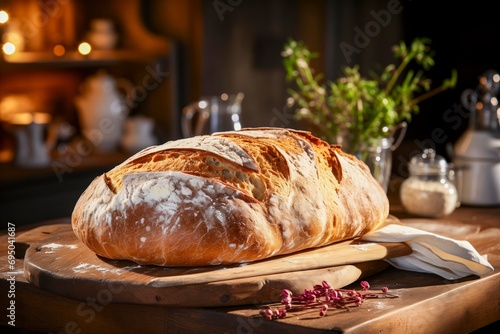 Freshly baked loaf of crusty bread in a rustic farmhouse kitchen surounding photo