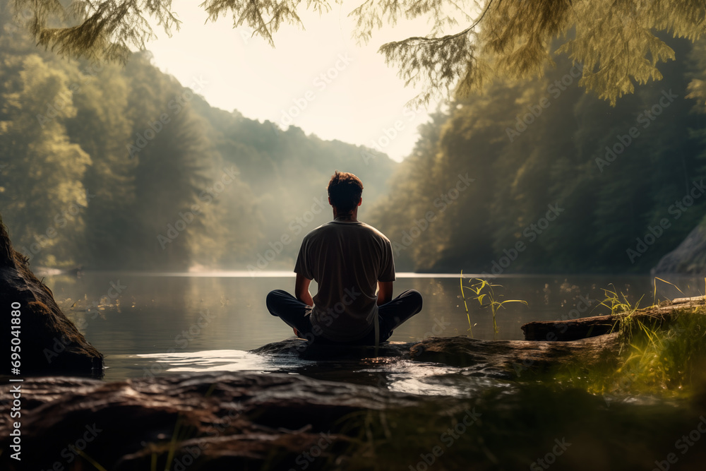 Spiritual concept and mental relaxation. Man practicing yoga in a peaceful natural environment.