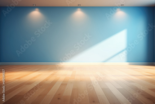 Empty room with blue wall, downlight, parquet floor, sunrays and shadows from window. photo
