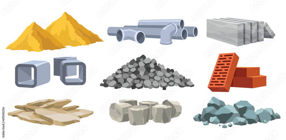 Fototapeta Building materials. Construction concept. Illustrations can be used for construction sites or illustrate renovation works. Bricks, planks, metal, sand and stone pipes vector set
