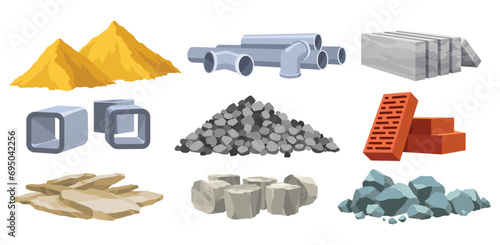 Building materials. Construction concept. Illustrations can be used for construction sites or illustrate renovation works. Bricks, planks, metal, sand and stone pipes vector set