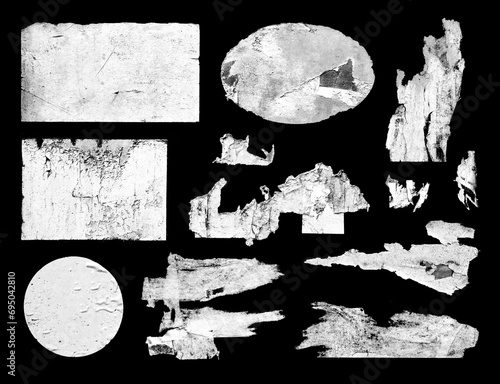 Set of Old Grunge Torn Ripped Paper Pieces and Round Stickers Isolated On Black Background. Urban Wall Poster Texture. High Quality Distressed Elements For Mixed Media Collage.