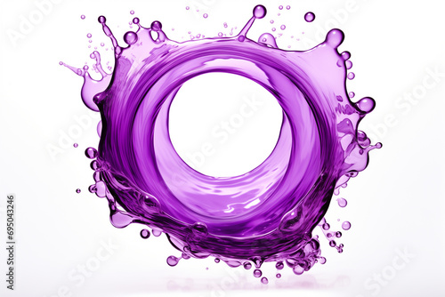 purple liquid transparent splash, forming circle with drops, isolated on white