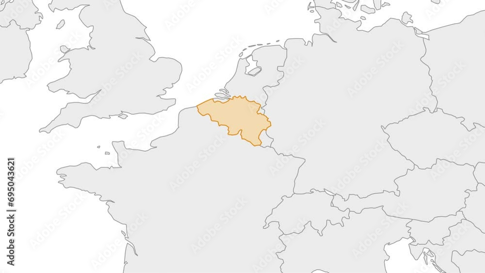 Animation of Belgium country map on the world map. Animation of map zoom in with border and marking of major cities and capital of the country Belgium. Background with alpha channel. Motion design. Animation of Belgium country map on the world map. Animation of map zoom in with border and marking of major cities and capital of the country Belgium. Background with alpha channel. Motion design.