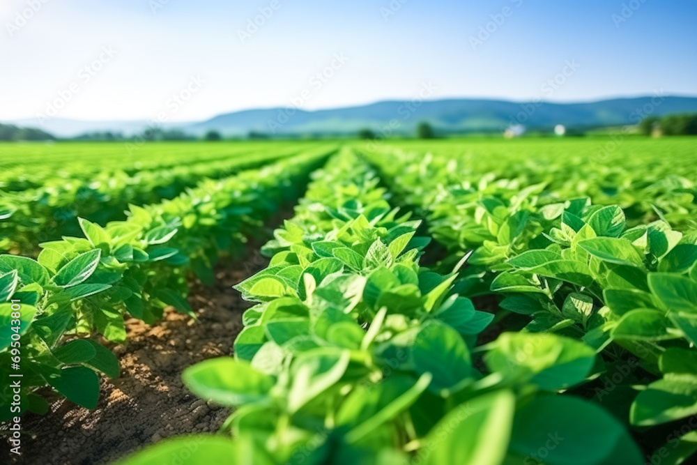 View of soybean farm agricultural field against sky. Outdoor nature plant vegetable organic eco product.
View of soybean farm agricultural field against sky. Outdoor nature plant vegetable organic eco product.