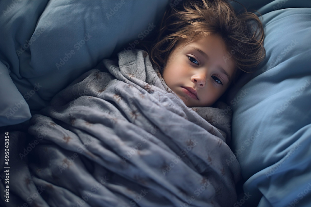 Sad, thoughtful cute child lies under a blanket in bed, children's cold Sad, thoughtful cute child lies under a blanket in bed, children's cold