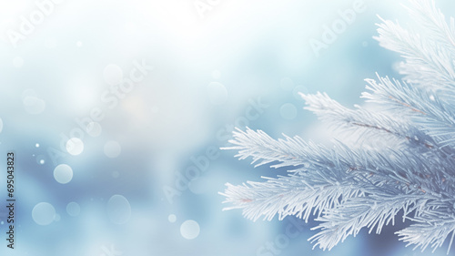 Beautiful winter background image of frosted spruce branches and small drifts of pure snow with bokeh  copy space.  