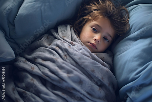 Sad, thoughtful cute child lies under a blanket in bed, children's cold photo