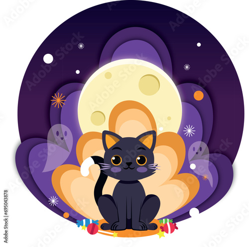 ilustracion de gato en halloween de noche
