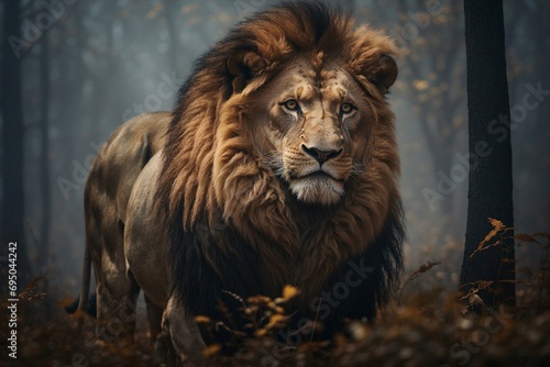 A lion walking in the woods