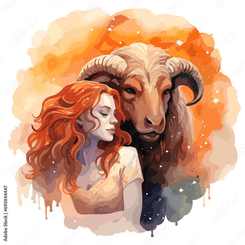 Aquarellzeichnung des Sternzeichens Widder mit einer rothaarigen Frau