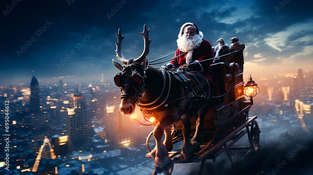 Naklejka premium Photo santa claus riding on sleigh with gift box against snow falling on fir tree forest