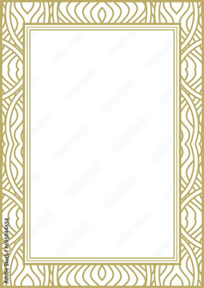 Gold wide frame with fantasy ornament. A4 format. Title page. Frame for photos, pictures, greeting cards and more. Vector illustration