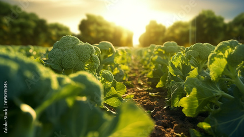 Fresh broccoli in the field and plantation under the sun light. Created using generative AI.