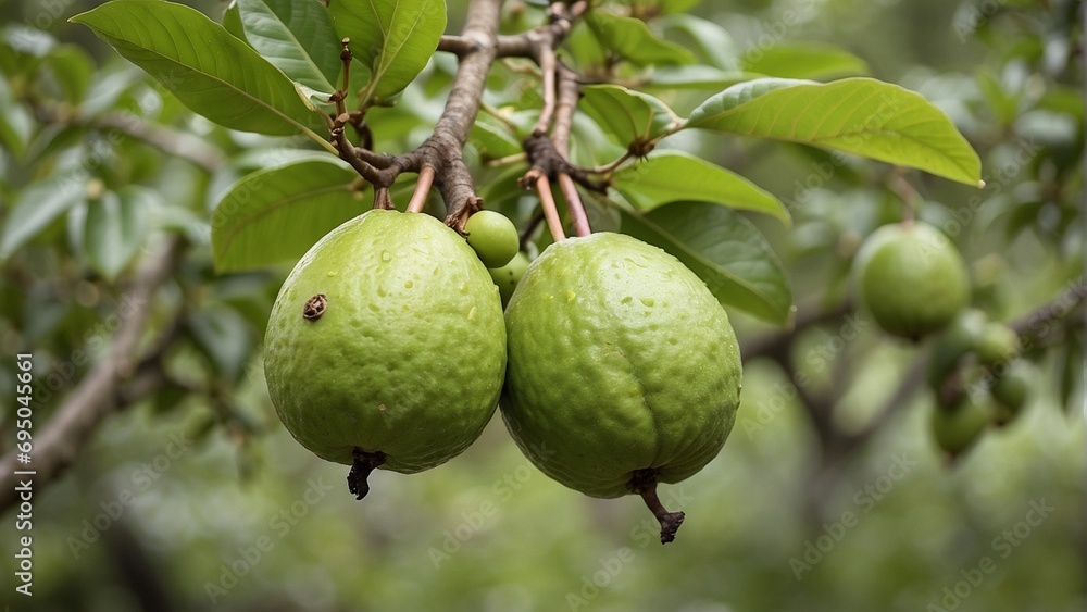 Guava on tree, focus on guava  AI-generative