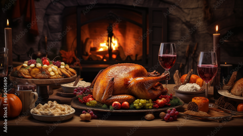 turkey on the table of a family celebrating a Thanksgiving - Christmas or New Year's Day dinner concept turkey on the table of a family celebrating a Thanksgiving - Christmas or New Year's Day dinner concept
