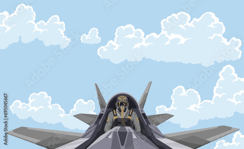 Pilot in the fighter. Aircraft-fighter cockpit overview. Aerobatic team in the air. A military fighter in the clouds. Figures of higher pilotage. The pilot of a military plane
