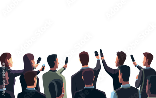 Press conference, reporter people crowd waiting for speaker. Media interviews and answers to questions. Political conference banner, reportage and briefing