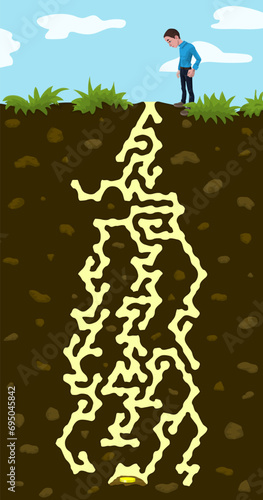 The clumsy man has dropped into a well the golden coin. Can you help him find his coin? Colorful labyrinth type game. Medium difficulty level logic puzzle